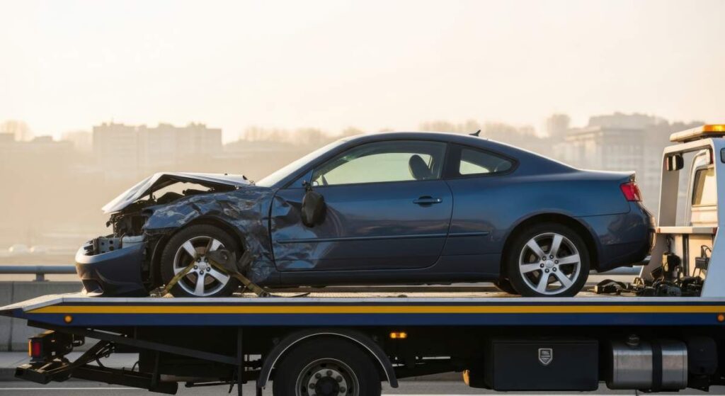 A tow truck loading a standard car onto its flatbed along a roadside with light traffic.