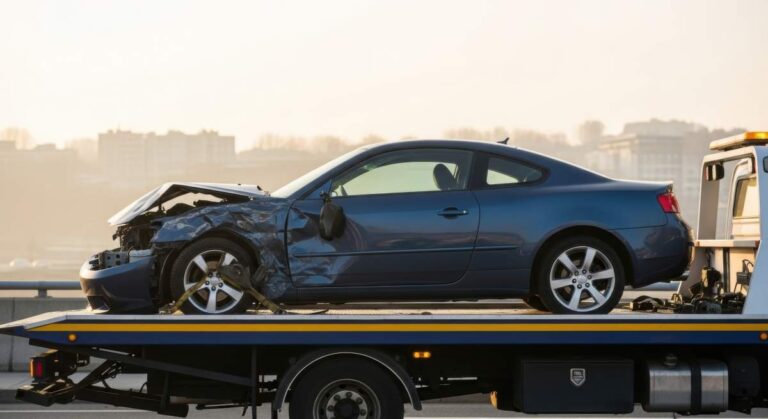 A tow truck loading a standard car onto its flatbed along a roadside with light traffic.
