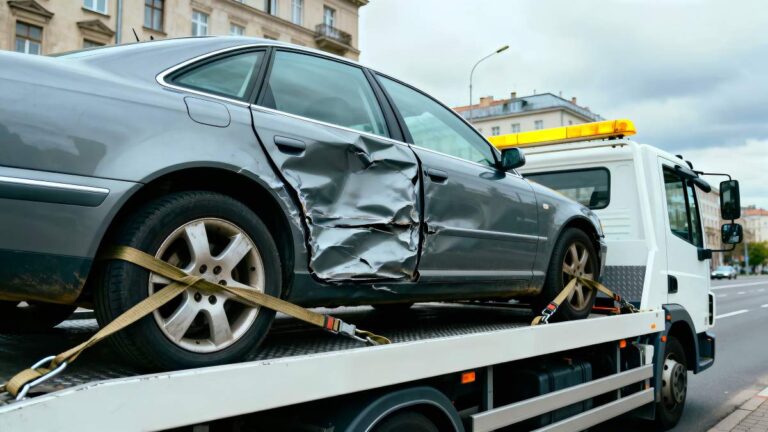 A tow truck operator attaching a disabled car to a flatbed on a residential street during cloudy weather.